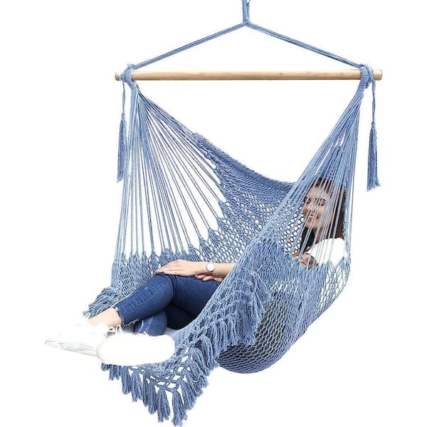 Hammock Chair Super Large Hanging Chair Soft-Spun Cotton Rope Weaving Chair, Hardwood Spreader Bar Wide Seat, Ice Blue
