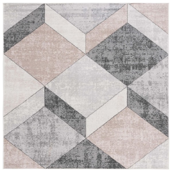 Phoenix 7 ft. x 7 ft. Light Gray/Beige Charcoal Distressed Illusion Square Area Rug