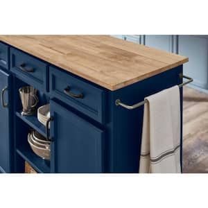 Midnight Blue Rolling Kitchen Cart with Butcher Block Top and Storage (48" W)
