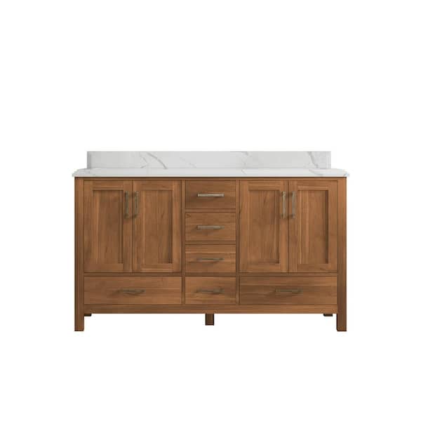 Willow Collections Malibu Teak 60 in. W x 22 in. D x 36 in. H Double Sink Bath Vanity in Gold Teak with 1.5" Calacatta Quartz Top