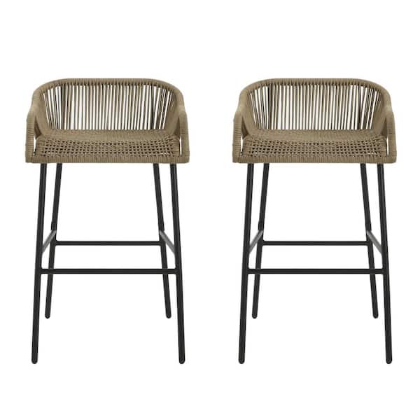 Noble House 29 in Rope Weave and Metal Patio Outdoor Barstools, Set of 2, Black Brown