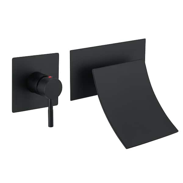 FLG Single Handle Wall Mounted Bathroom Faucet with Valve Brass Modern Waterfall Sink Basin Taps in Matte Black