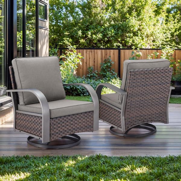 Opohoro ArcMetal Metal and Brown Wicker Outdoor Rocking Chair Patio Swivel Chairs with Olefin Gray Cushions (2-Pack)