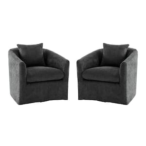 Leo Grey Upholstered Velvet Swivel Barrel Chair with Back Pillow (Set of 2)