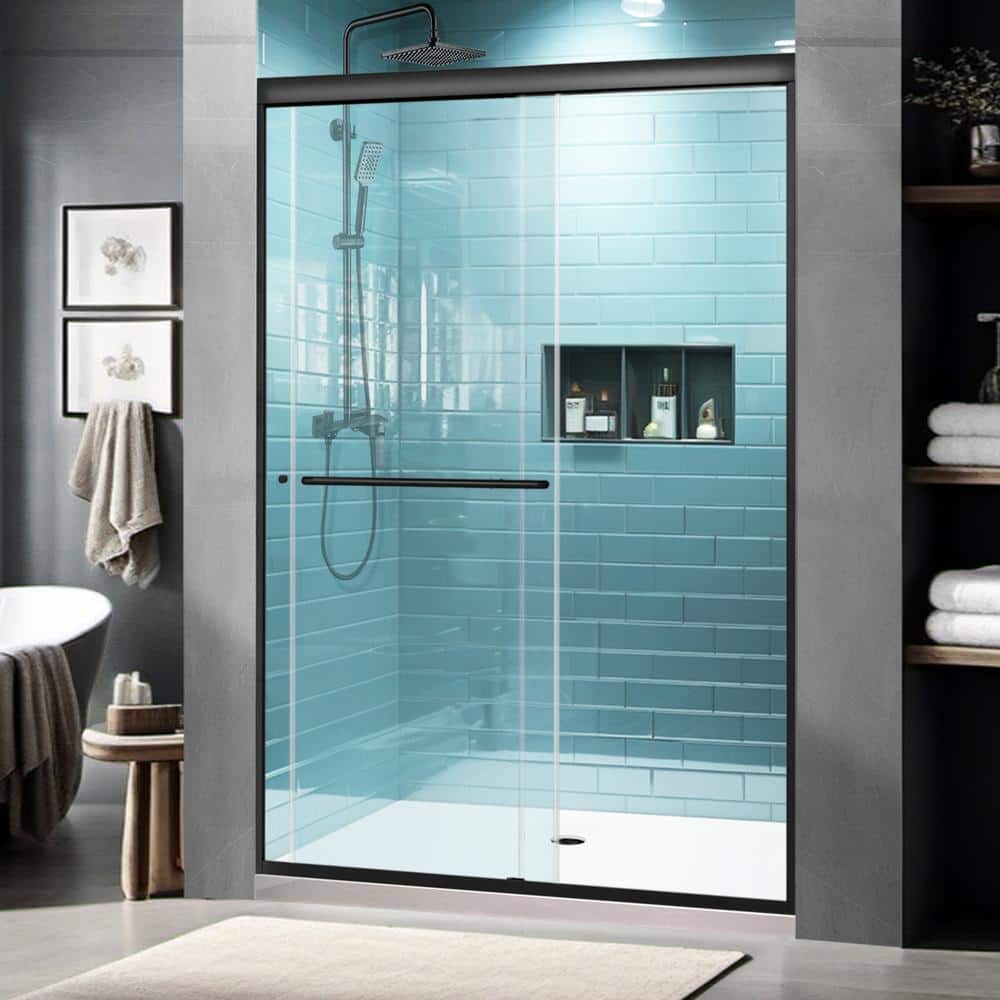 Matte Black Framed Sliding Shower Door with Clear Glass