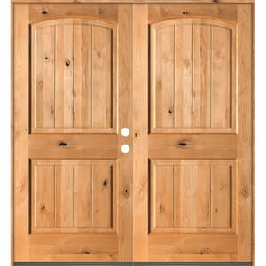60 in. x 80 in. Rustic Knotty Alder Arch Top Clear Stain /V-Groove Left-Hand Inswing Wood Double Prehung Front Door