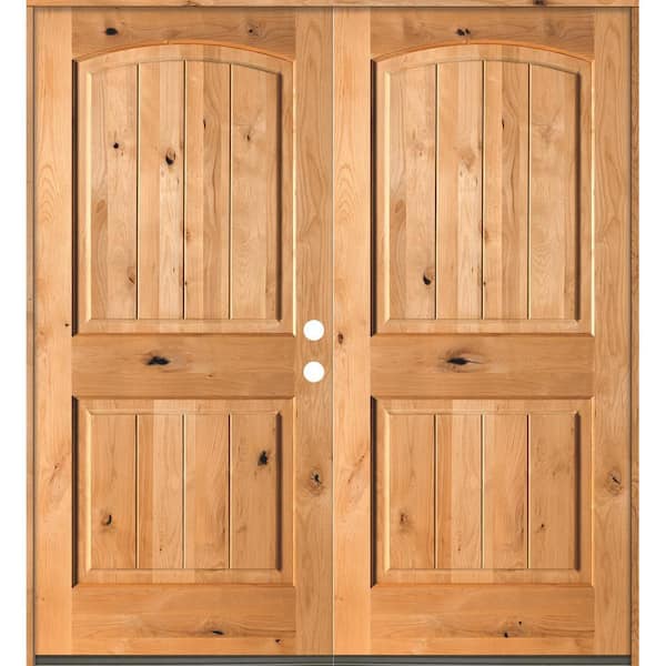 Krosswood Doors 60 in. x 80 in. Rustic Knotty Alder Arch Top Clear Stain /V-Groove Left-Hand Inswing Wood Double Prehung Front Door