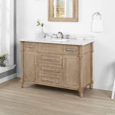 Aberdeen 48 in. W x 22 in D Vanity in Antique Oak with Carrara Marble Vanity Top in White with White Basin