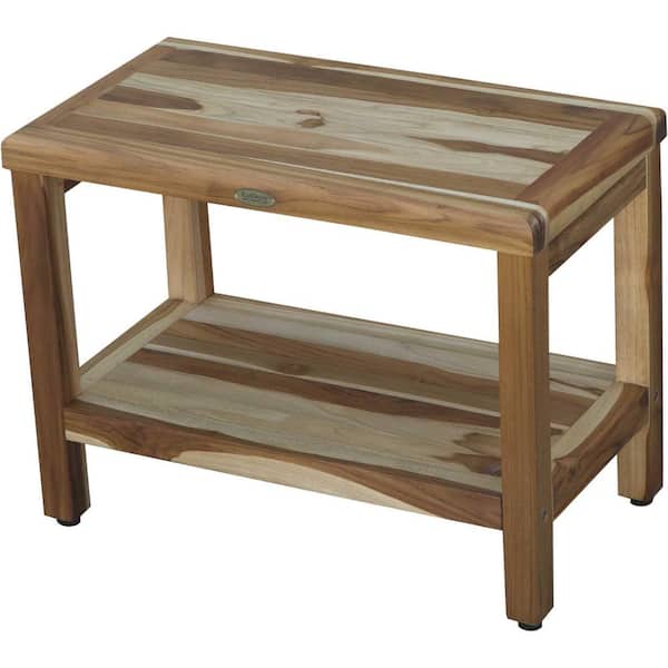HomeRoots Caroline Brown Teak Shower Outdoor Bench with Shelf 18 in. x 12 in. x 36 in.