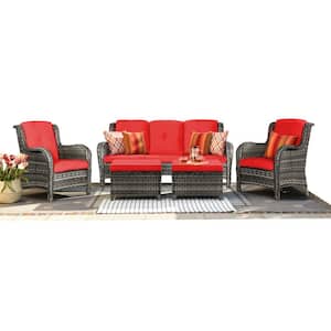 5-Piece Wicker Outdoor Patio Seating Set Sectional Sofa with Red Cushions