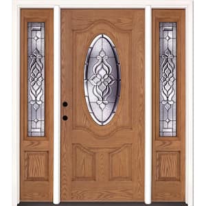 63.5 in.x81.625 in. Lakewood Patina 3/4 Oval Lt Stained Light Oak Right-Hand Fiberglass Prehung Front Door w/Sidelites