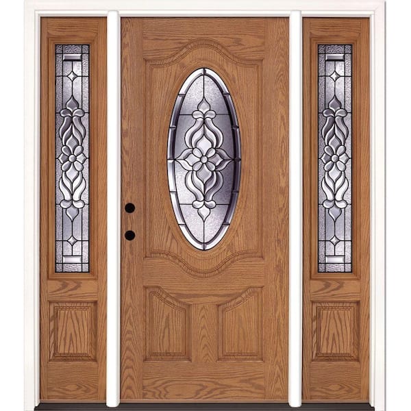 Feather River Doors 63.5 in.x81.625 in. Lakewood Patina 3/4 Oval Lt Stained Light Oak Right-Hand Fiberglass Prehung Front Door w/Sidelites