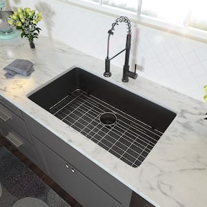 28 in. Undermount Single Bowl 16 Gauge Gunmetal Black Stainless Steel Kitchen Sink with Bottom Grids