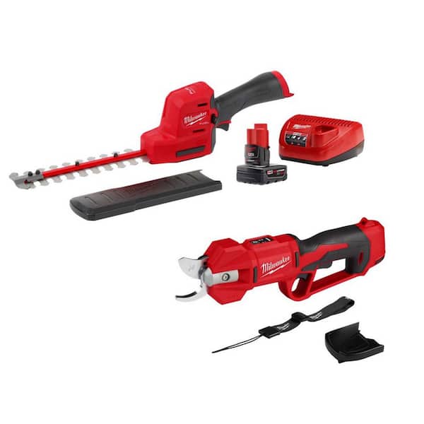 M12 12V Cordless Brushless Pruner Shears with M12 8 in. Hedge Trimmer, 4.0 Ah Battery, Charger