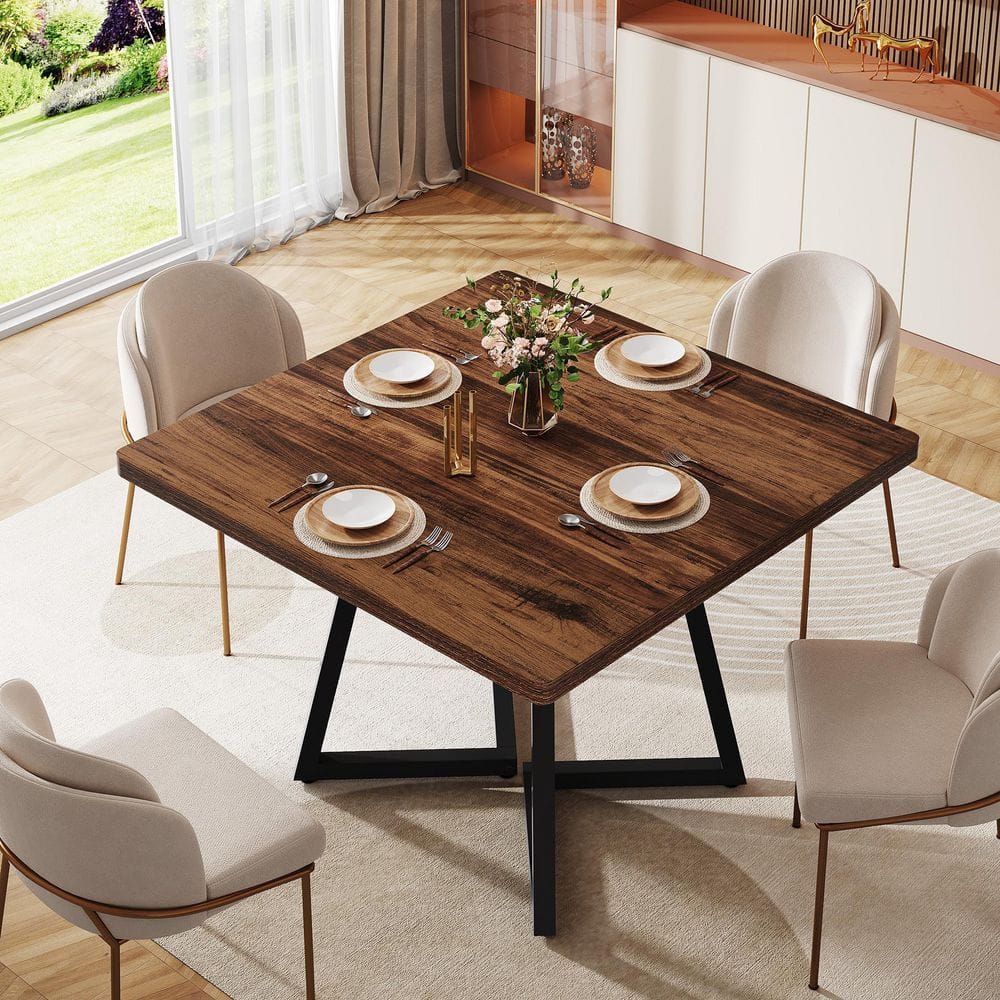 BYBLIGHT Lesley Industrial Brown Wood 31.5 in. Metal Trestle Dining Table, Square Dinner Table for Small Space (Seats 4) BB-J0280DT-HN