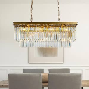 33 in. 11-Light Modern Luxury Rectangle Fringe Crystal Chandelier in Matte Gold Adjustable Height for Dining Room