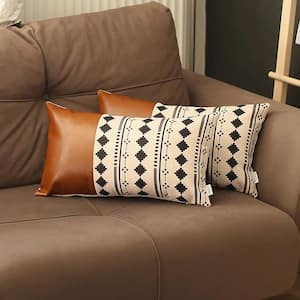 Bohemian Handmade Vegan Faux Leather Brown 12 in. x 20 in. Lumbar Abstract Geometric Throw Pillow (Set of 2)