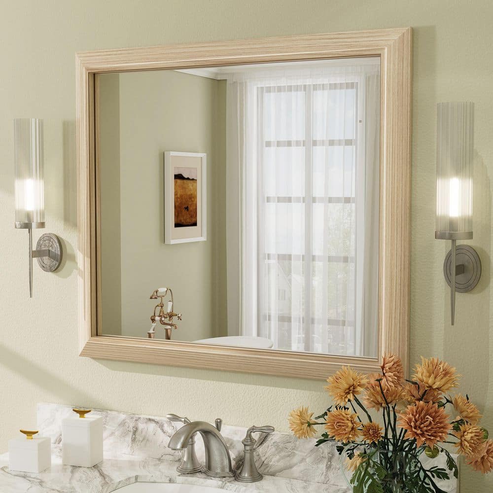 32 in. W x 36 in. H Rectangular Aluminum Alloy Framed & Tempered Glass Wall Bathroom Vanity Mirror in Light Yellow Wood price history on PriceWatchPro