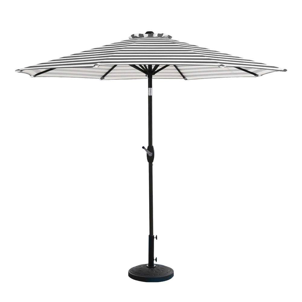 Gray and White Stripe 9 Ft Steel Outdoor Patio Umbrella with Resin Base