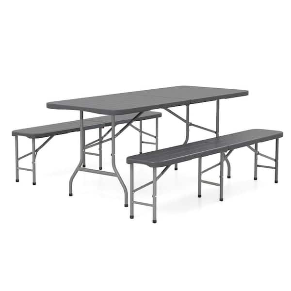 3 PCS 71 in. Gray Folding Picnic Table Set with 6 ft Table & 2 Benches HDPE Wood-Like Tabletop