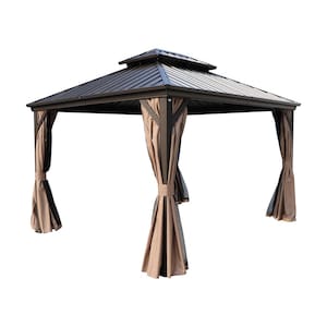 Caesar 12 ft. x 10 ft. Brown Double Roof Hardtop Aluminum Gazebo With Netting and Sidewall