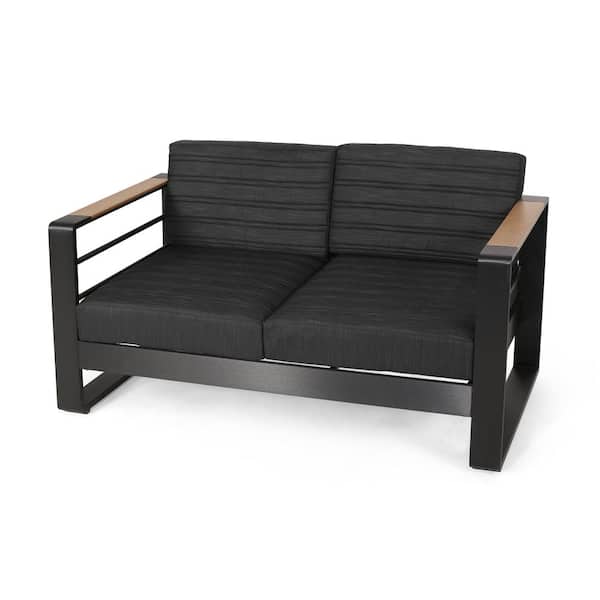 Zeus & Ruta Black Aluminum Outdoor Loveseat with Dark Grey Cushions