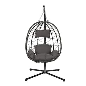 Black Metal Outdoor Chaise Lounge, Egg Chair with Dark Gray Cushions and Stand