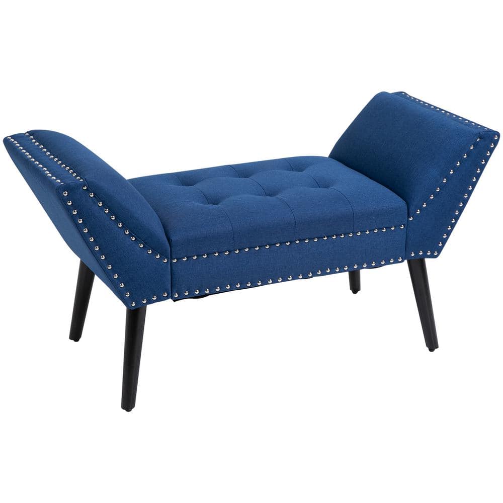 Elegant Nickel-Finish Tufted Linen Footstool with Arms in Blue