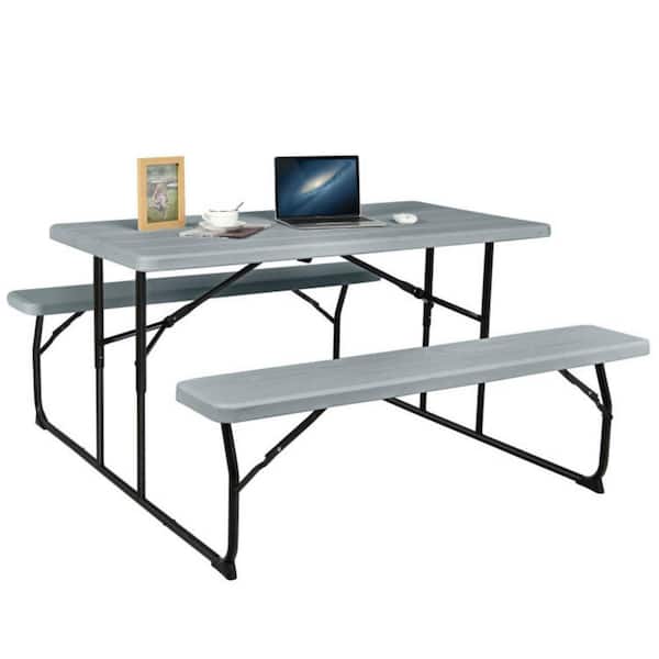 Gray Rectangle Plastic Outdoor Folding Picnic Table Bench Set with Wood-Like Texture