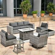 Tahoe Grey 9-Piece Wicker Outdoor Patio Rectangle Fire Pit Conversation Sofa Set with a Swivel Chair and Black Cushions