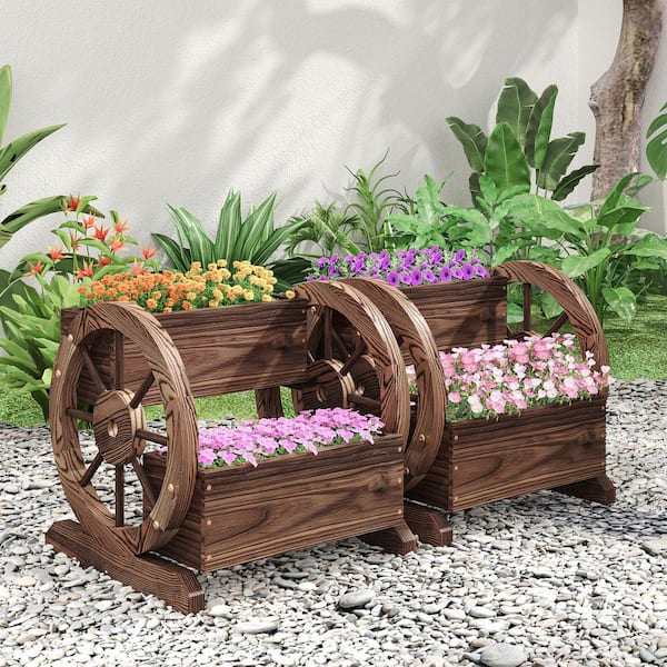 2-Tier Wooden Wagon Planter Box, Decorative Wood Planter with Wheels for the Garden(2-Pieces)