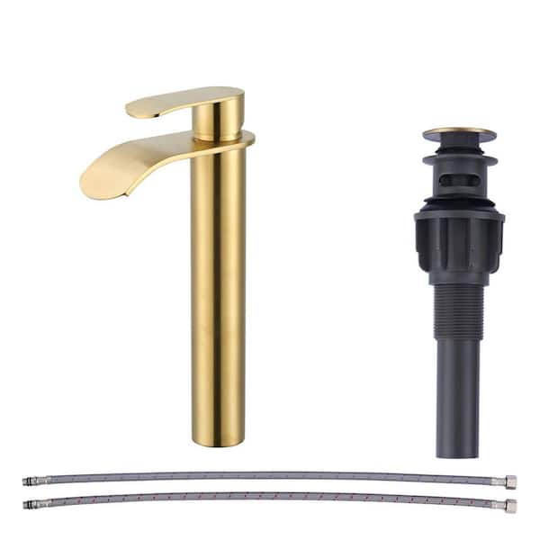 Single Handle Single Hole Stainless Steel Waterfall Bathroom Faucet with Pop Up Drain and Supply Lines Brushed Gold