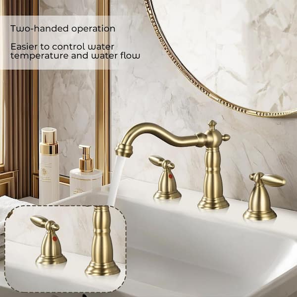 Double handle 8 in. Widespread Bathroom Faucet 3-Hole Bathroom Sink Faucet in Brushed Gold