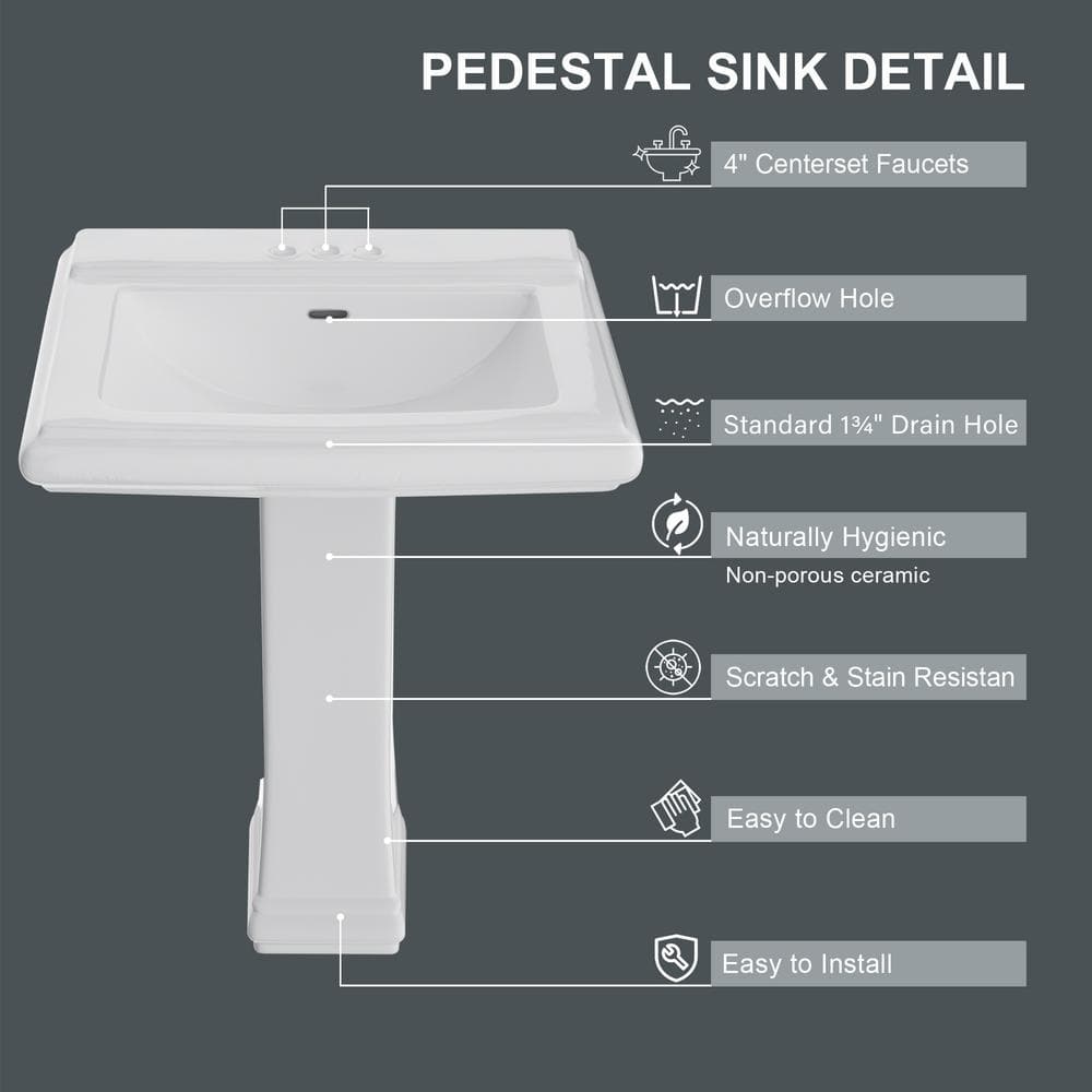 White Rectangular Ceramic Pedestal Sink with Overflow