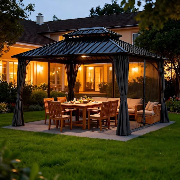 10 ft. x 10 ft. Outdoor Gazebo with Double Roof, Mosquito Net and Sturdy Galvanized Steel Frame for Garden and Backyard