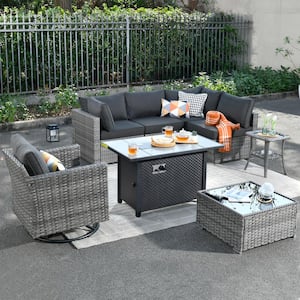 Messi Gray 8-Piece Wicker Outdoor Patio Conversation Sectional Sofa Fire Pit Set with a Swivel Chair and Black Cushions