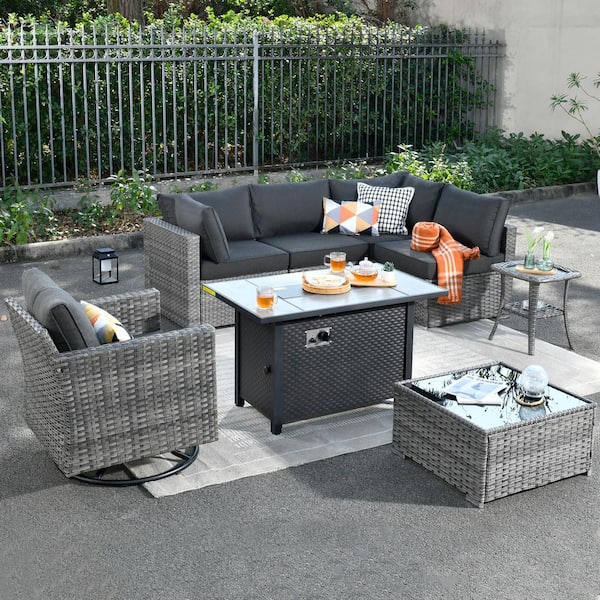 Hooowooo Messi Gray 8 Piece Wicker Outdoor Patio Conversation Sectional Sofa Fire Pit Set With A 7093