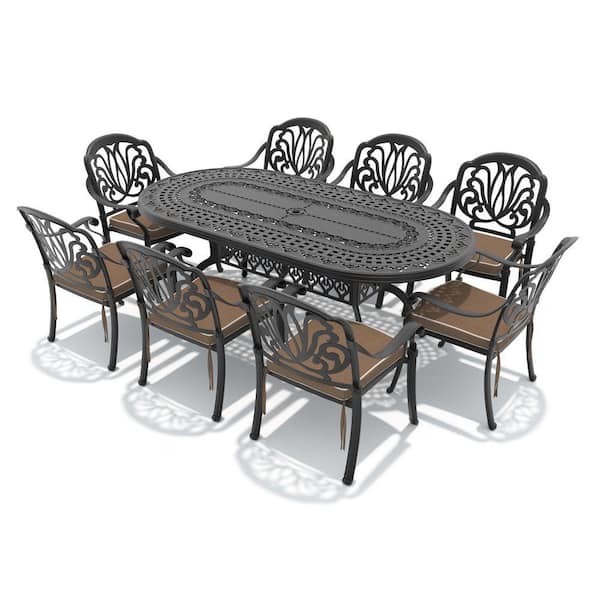 9-Piece Aluminum Patio Outdoor Dining Set with 8 Chairs, Oval Table, Umbrella Hole and Brown Cushions