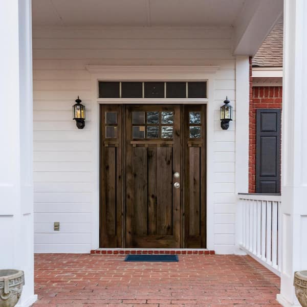 70 in. x 96 in. Left-Hand Inswing 1/4 Lite Clear Glass Black Stain Wood Prehung Front Door/Sidelites with Dentil Shelf