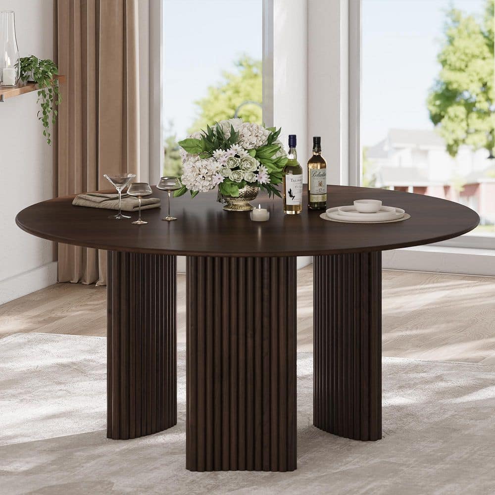 Round Brown Wooden Solid Wood 3 Legs 60 in. Wood Pedestal Base Dining ...