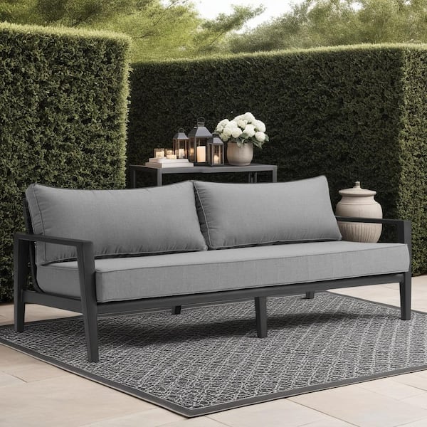 Armen Living Cayman Black Aluminum Outdoor Couch with Dark Gray Cushions