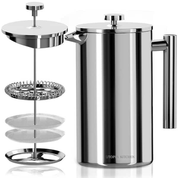 PRIMEPLUS 2 Cups 17 Oz. Silver Finish Stainless Steel French Press with 4 Level Mesh Filter