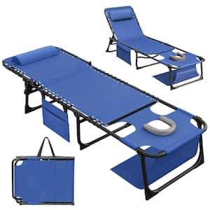 Metal Folding Outdoor Chaise Lounge with Face Hole, 5-Position Reclining Portable Patio Chair, Blue