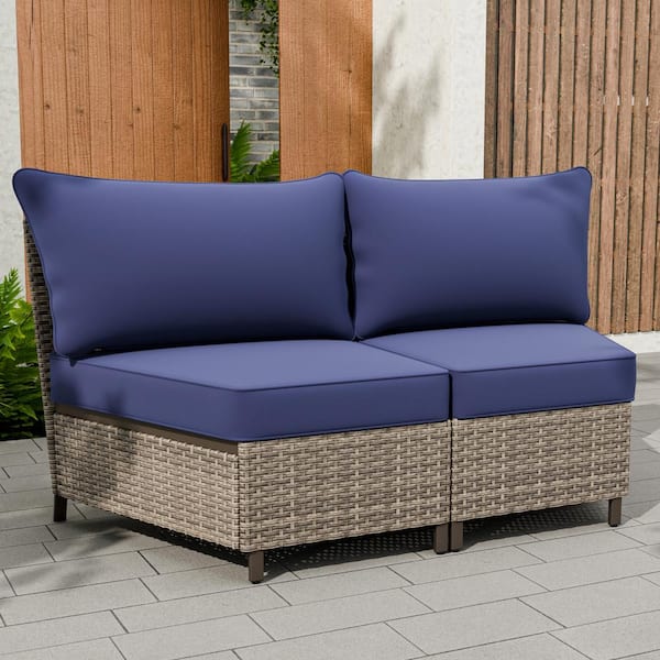 EAGLE PEAK 2-Piece Wicker Patio Curved Outdoor Conversation Set, Armless Middle Sectional Sofa with Blue Cushions
