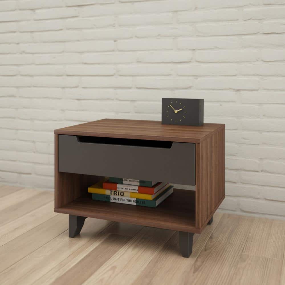 Walnut and Charcoal 1-Drawer Nightstand with Open Shelf