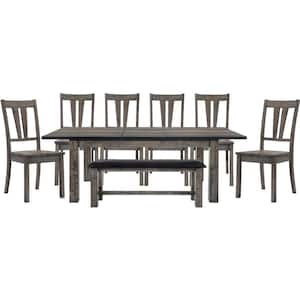 Bramble Hill 8-Piece Weathered Wood Gray Dining Set with Expandable Table 6-Seat Side Chairs and Faux-Leather Bench