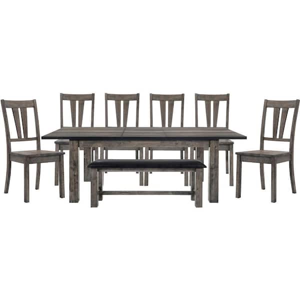 Hanover Bramble Hill 8-Piece Weathered Wood Gray Dining Set with Expandable Table 6-Seat Side Chairs and Faux-Leather Bench