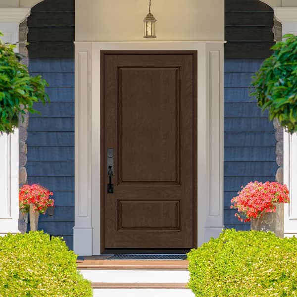 Regency 36 in. x 80 in. 2-Panel 3/4-Squaretop RHIS Hickory-Stained Fiberglass Prehung Front Door