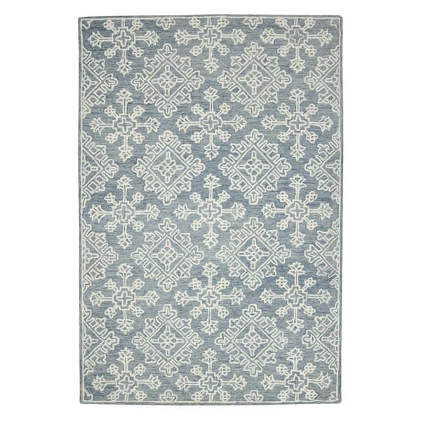 8 ft. x 11 ft. Sky Blue And Ivory Wool Geometric Hand Hooked Area Rug