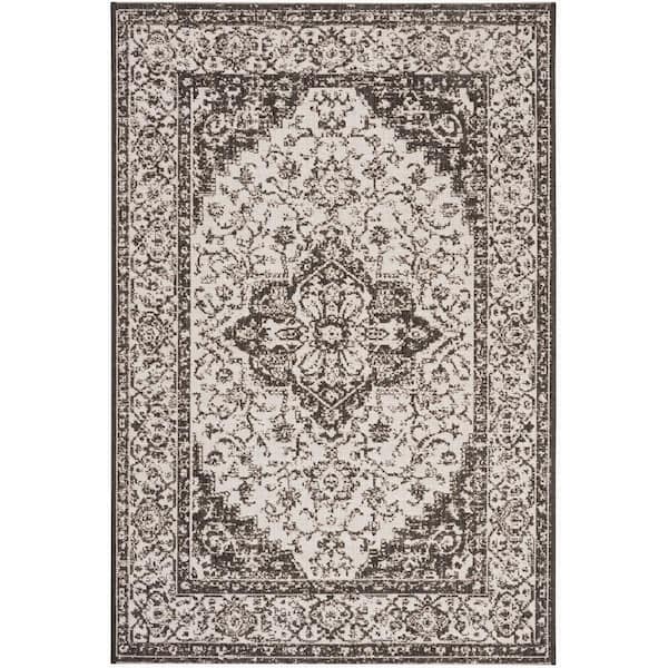 Linden Light Gray/Charcoal 3 ft. x 5 ft. Border Antique Medallion Indoor/Outdoor Area Rug